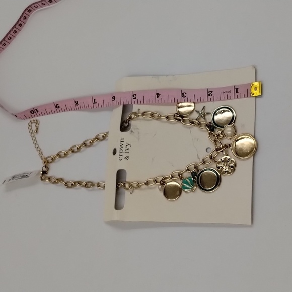 Crown & Ivy women's Sea Shell Turquoise and gold chain costume  necklace 10" - Picture 5 of 5